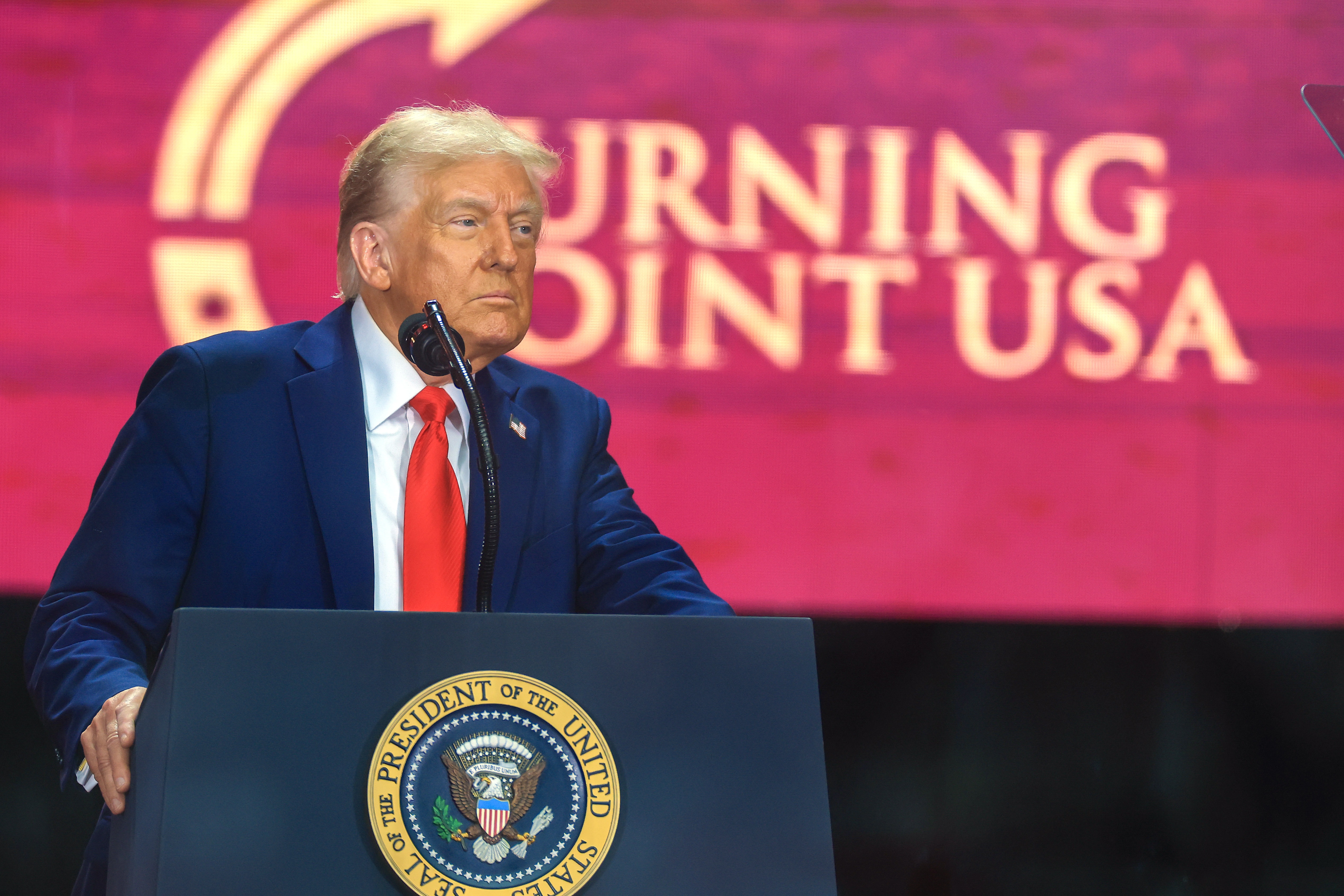 President Trump speaks during the memorial service for political activist Charlie Kirk at State Farm Stadium on September 21, 2025 in Glendale, Arizona.